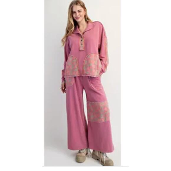 Easel Womens Athleisure Patchwork Mineral Wash Terry Cloth 2 Pc Pant Set Pull on - Picture 1 of 4